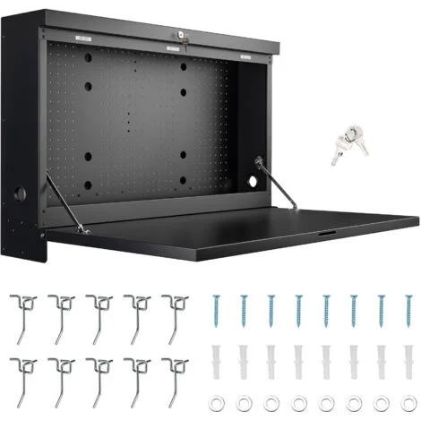 Wiltec Banco da lavoro pieghevole a parete, portata fino a 50 kg, tavolo richiudibile con pannello porta attrezzi forato, in acciaio, 91,2 x 69 x 61 cm, con 2 chiavi, ideale per officine e garage