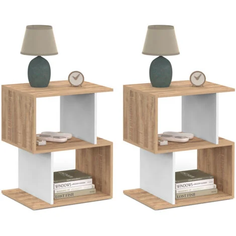 Set di 2 comodini a S SOFIA con contenitori a giorno in faggio ed effetto bianco