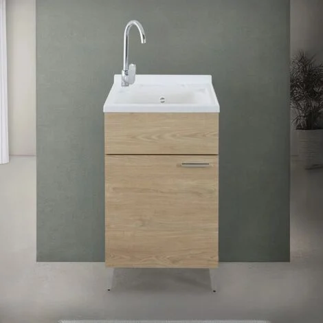 Mobile lavatoio 50x50 cm rovere con vasca in resina e asse lavapanni