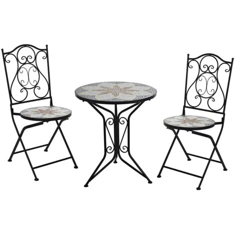 Tavolo CM60 in Ferro Battuto con Piano in Ceramica MOSAICO + 2 Sedie Pieghevoli– Set per Esterni Giardino Balcone TERRAZZE
