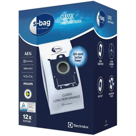 Lot de 12 sacs S-bag E201SM long performance pour aspirateur Electrolux - Philips - Aeg - Tornado réf : 9001684811