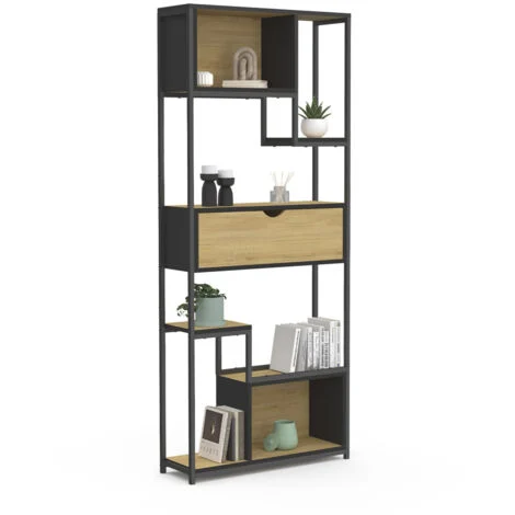 DETROIT libreria asimmetrica a 6 livelli con cassetto dal design industriale 161 cm
