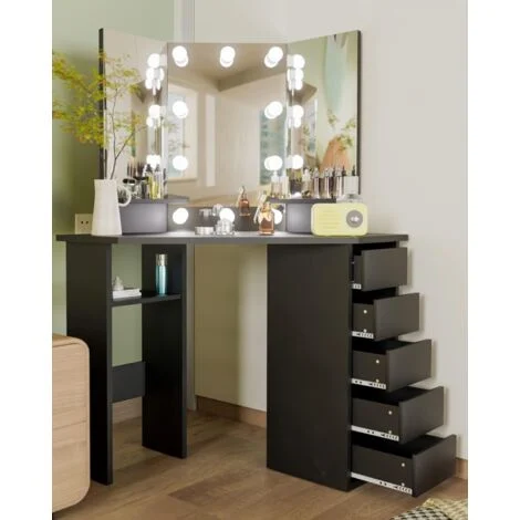 Tavolo da Trucco illuminazione LED, con 5 Cassetti Portaoggetti, Toeletta con 10 Luci Dimmerabili, 2 Portaoggetti Piccoli, Postazione Trucco, Idea Regalo, Nero