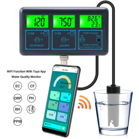 Misuratore di conducibilità Rosvola 7 in 1 pH/EC PPM CF Tester di qualità dell'acqua 0,0-14,0 pH / 019,99 ms/cm Acquario, strumento per idroponica