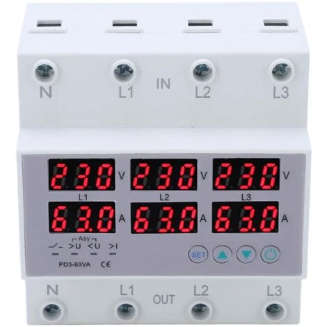 Ej.Life Voltmetro amperometro trifase su guida DIN Protezione automatica da sovratensione e sovracorrente AC 390-500V 63A