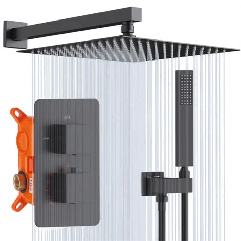 Colonna Doccia Incassata Sistema Doccia Incassabile Nera Elegante Set Doccia Termostatico con Soffione Quadrato In Ottone