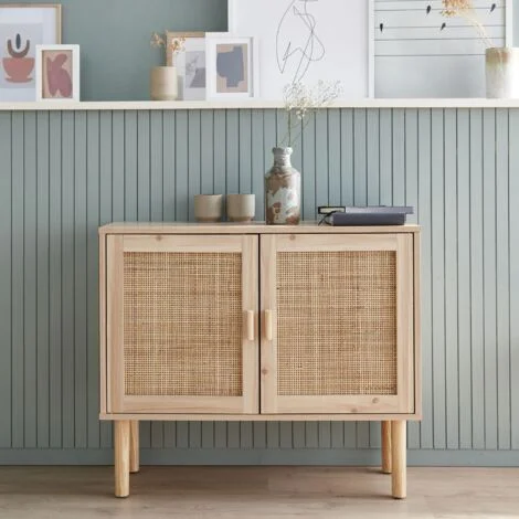 Credenza effetto canna e legno a 2 ante, 80cm