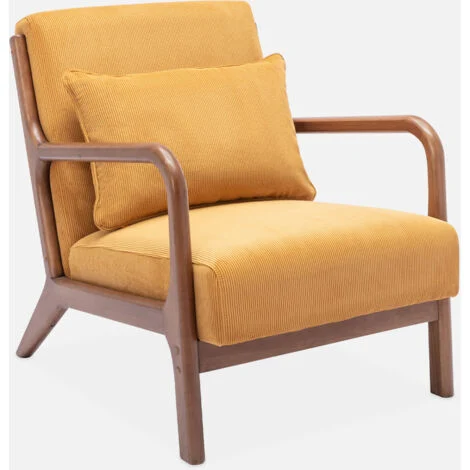 Poltrona scandinava in velluto a coste e legno di hevea