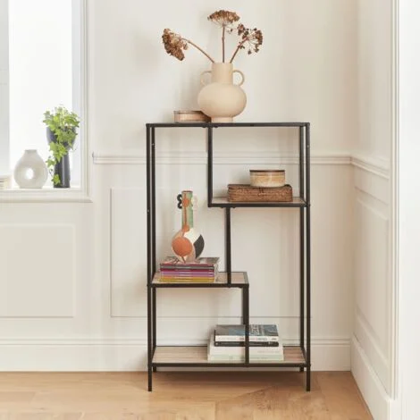 Libreria industriale in metallo ed effetto legno, 4 livelli