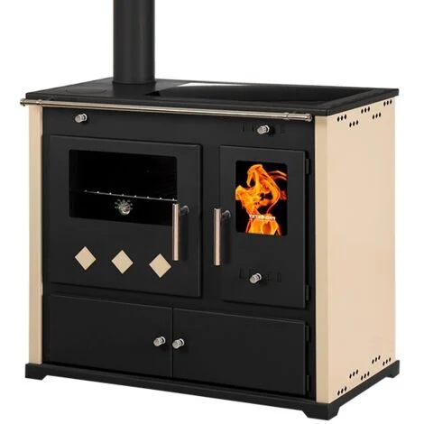 Cucina a Legna con Piastra in Ceramica - 9,5 kWPannelli Laterali Verniciati Avorio, Design Moderno e Uscita Fumi a Sinistra