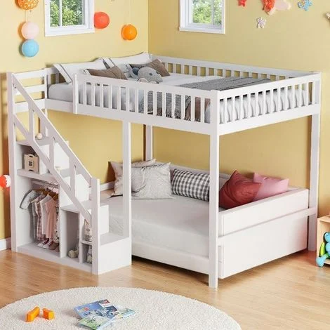Letto a castello per bambini 140x200cm Bianco lucido - Letto soppalcato per ragazzi Loft a due piani con Scala di stoccaggio e Recinzione a stella