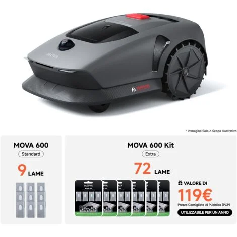 MOVA 600 Kit con 81 lame sostituibili, Robot tosaerba configurazione senza fili, mappatura 3D-LiDAR fino a 600 ㎡, superamento ostacoli intelligente, controllo via app, allarmi di sicurezza