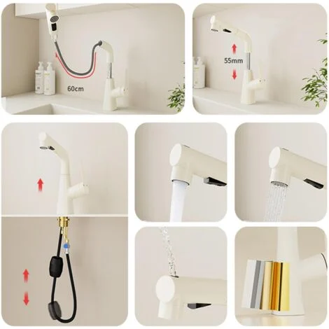 Rubinetti per lavabo con doccetta estraibile in ottone per acqua calda e fredda, rubinetto per lavabo girevole e retrattile, bianco