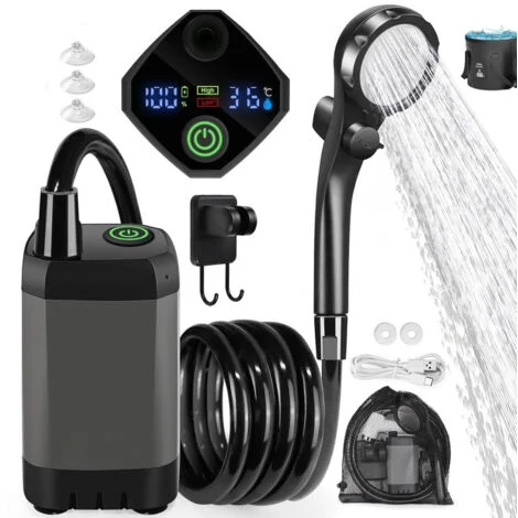Doccia portatile da 7800 mA per campeggio, doccia elettrica ricaricabile per esterni con display digitale intelligente, grigia