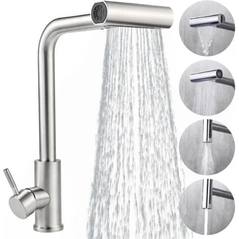 Miscelatore da cucina con doccetta estraibile in acciaio inox - Rubinetto da cucina girevole a 360°, finitura spazzolata, 4 modalità di flusso + sistema antigoccia