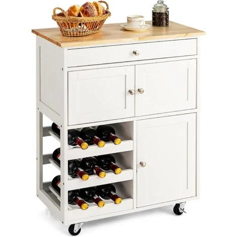 COSTWAY Carrello da Cucina, con Portabottiglie Tre Ante e Ruote, Credenza Cucina in Legno di Pino e MDF, Ideale per Soggiorno e Cucina, 67 x 37 x 86 cm, Bianco