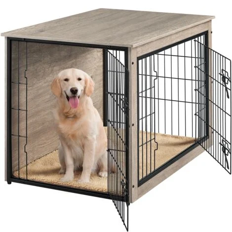 Yaheetech Gabbia per Cani Gatti, Box Tavolino Armadietto con Doppie Porte, a Rete in Legno, da Interno per Casa, 96 x 65 x 67,5 cm, Griogio