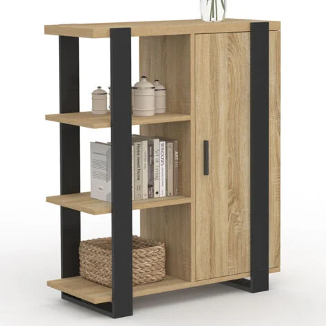 Credenza PHOENIX a 3 ripiani con armadio, 70 cm, legno e nero