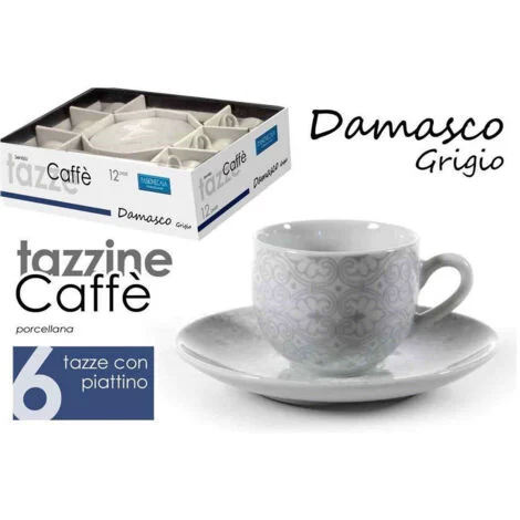 Kaela - Set 6pz Tazzine Caffè Piattino Classico Moderno Damasco Grigio Porcellana 720383 -