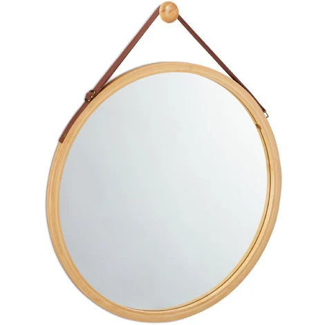 Relaxdays Specchio Tondo da Appendere, Cordino Regolabile, Cornice in Bambù, Moderno, Corridoio & bagno, ∅ 45cm, legno