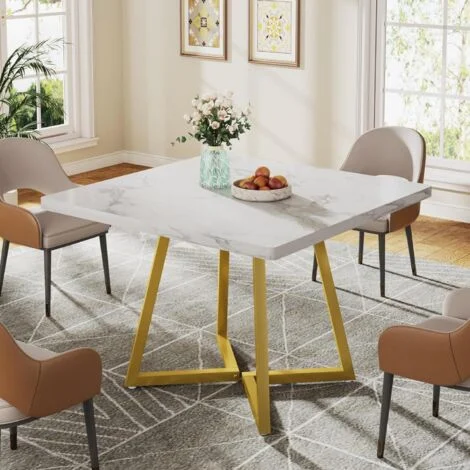 Tribesigns Tavolo da pranzo quadrato per 2, tavolo da pranzo moderno da 80 cm, con base in metallo, tavolo da cucina per sala da pranzo, piccolo spazio, appartamento, bianco e oro