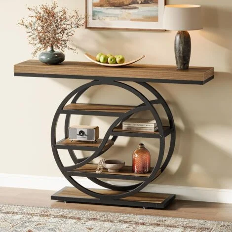 Tribesigns Tavolo consolle industriale a 5 piani, 120 cm, tavolo d'ingresso con base circolare, stretti tavoli d'accento in legno con scaffali per soggiorno, corridoio, foyer, marrone