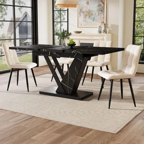 Tavolo da pranzo rettangolare allungabile nero, tavolo da soggiorno per cucina, impiallacciato in marmo, MDF, 120/160×75×75cm