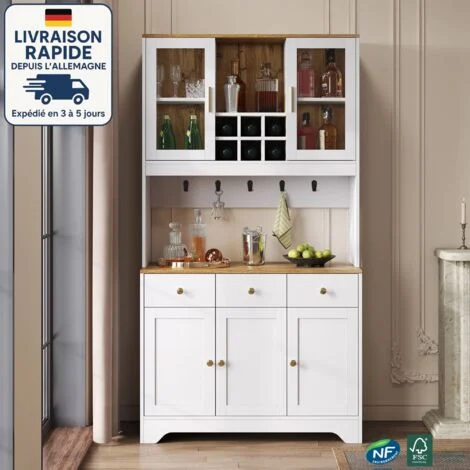 Credenza bianca - Credenza, mobile alto in legno venato bianco, 94,5 x 30 x 175,5 cm - Scandinavo - Cinque ante, tre cassetti e vani a giorno - Legno certificato PEFC - Bianco