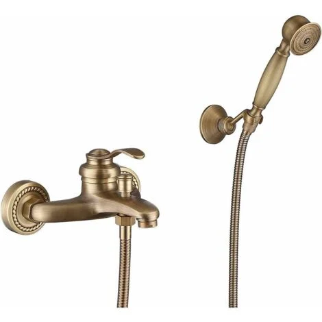 Rubinetto per vasca con doccetta manuale, finitura ottone anticato, montaggio a parete con staffa e flessibile per doccia per bagno