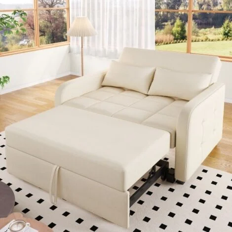 Divano letto, divano a 2 posti con schienale regolabile e 2 cuscini, per appartamenti, dormitori per studenti, beige