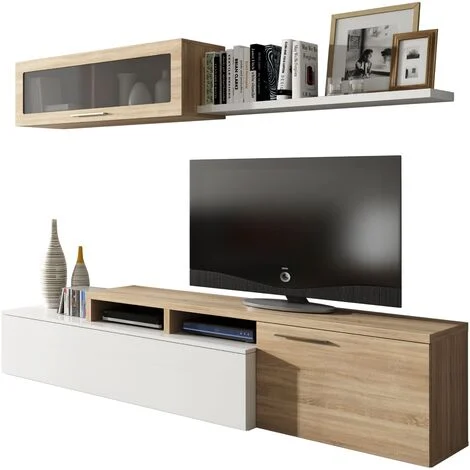 Parete Attrezzata Soggiorno Moderna Salotto con Mobile TV Modulo Sospeso Con Anta in Vetro Fumé E Mensola Stile Scandinavo Moderno 200 x 43 x 41 Cm Bianco e Rovere