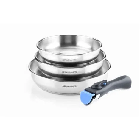 Set di 3 padelle 20-24-26 cm Arthur Martin AM1410 - Acciaio Inossidabile - Manico Removibile - Compatibile con tutti i fuochi, incluso l'induzione