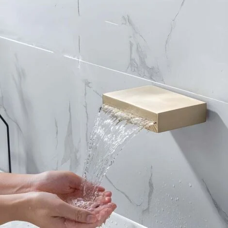 Rubinetto a parete a cascata di lusso in oro spazzolato con doppio controllo per acqua calda e fredda, design nascosto, ideale per lavandini da bagno moderni MUMU