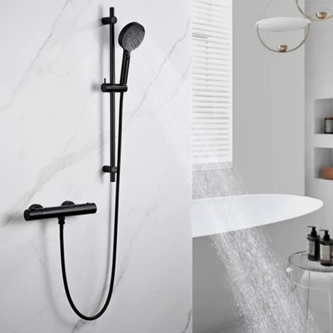 DETBOM Colonna Doccia Termostatica Miscelatore Doccia Nero con Doccetta a 3 Getti e Asta Doccia Set Doccia Moderno