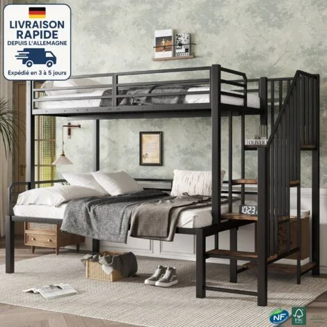 MODFU - Letto a soppalco per bambini 90/120x200cm in metallo a 3 posti, scaletta contenitore, protezione anticaduta, senza materasso, nero