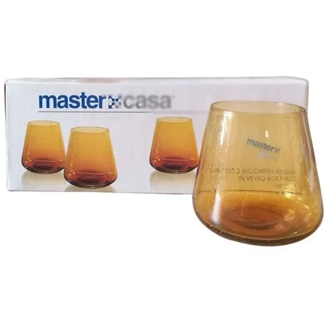MASTER CASA - SET 3 BICCHIERI ACQUA VENERE IN VETRO SOFFIATO ARANCIO