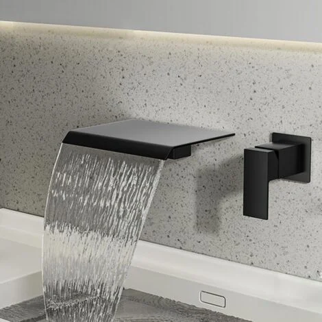 Rubinetto per bagno a cascata a parete, maniglia singola, rubinetto per lavabo da appoggio, acqua calda e fredda, ultra sottile, rame massiccio, nero.