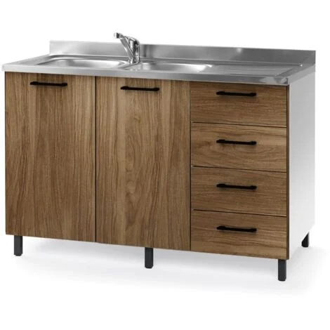 Sottolavello con cassetti e lavello 120 cm noce naturale destro