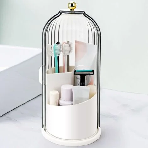 Portaspazzolino con coperchio scorrevole, organizer da bagno girevole a 3 scomparti per porta pennelli da trucco