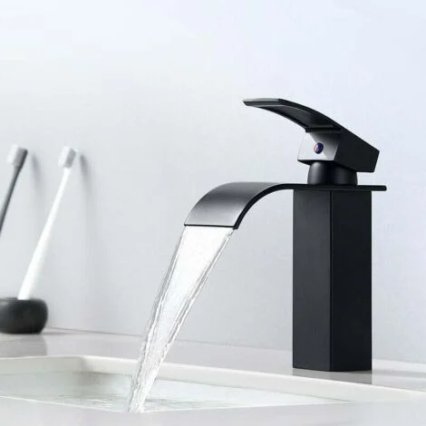 Miscelatore per lavabo moderno a cascata nero - Rubinetto per bagno Auralum - Adatto per lavabi sottotop