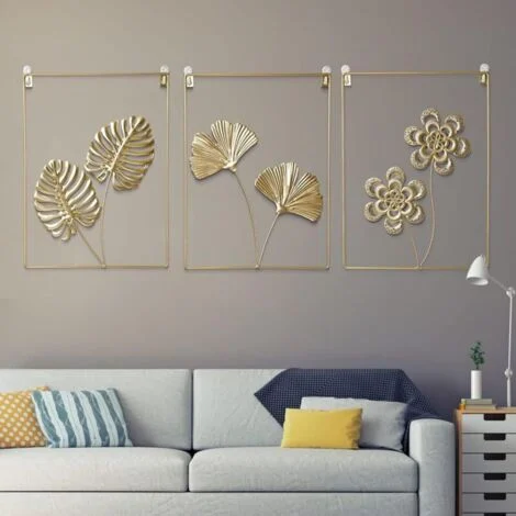 KZQ Set di 3 pezzi di decorazioni da parete dorate, sculture in metallo a forma di foglia di ginkgo con arte astratta minimalista moderna per soggiorno, camera da letto, ufficio, decorazione da parete
