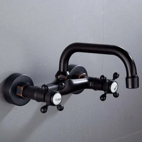 Rubinetto da cucina a parete KZQ nero opaco, beccuccio centrale regolabile, due maniglie a croce, miscelatore per acqua calda e fredda, girevole a 360 gradi