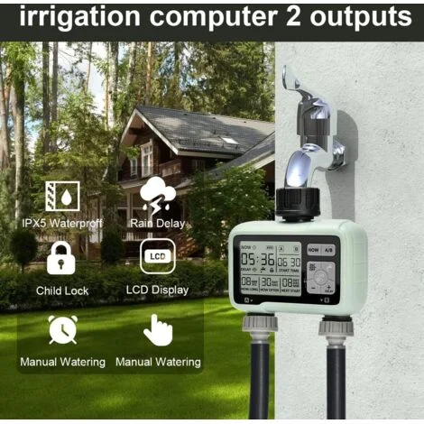 Timer di irrigazione automatico da giardino a 2 vie, timer di irrigazione a 2 uscite, programmatore di irrigazione per esterni con sicurezza bambini, modalità automatica e manuale, ritardo pioggia