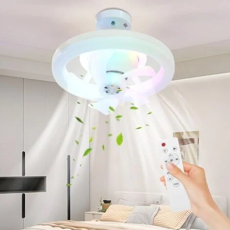 Ventilatori da soffitto con luce, ventilatore da soffitto silenzioso con telecomando, ventilatore da soffitto RGB con attacco E27, 3 colori, lampadario con ventilatore da soffitto (RGB con testa oscil