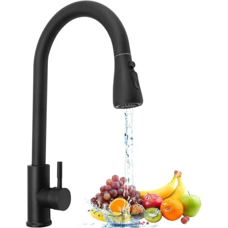 Rubinetto da cucina con doccetta estraibile, miscelatore per lavello girevole a 360 gradi, nero, con 3 modalità di getto, rubinetto da cucina a leva singola, lavello con acqua calda e fredda disponibi