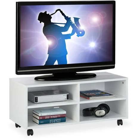 Relaxdays Mobiletto Porta TV con 4 Scomparti, con Rotelle, per CD & DVD, Mobile Basso da Salotto, HLP 35x80x35cm, Bianco