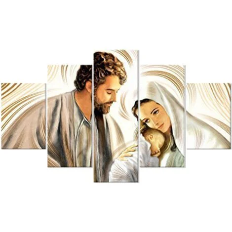Lupia - Quadro moderno Sacra Famiglia 5 pezzi in legno VOGUE 66X115 cm NATIVITY Brown, per soggiorno, camera da letto