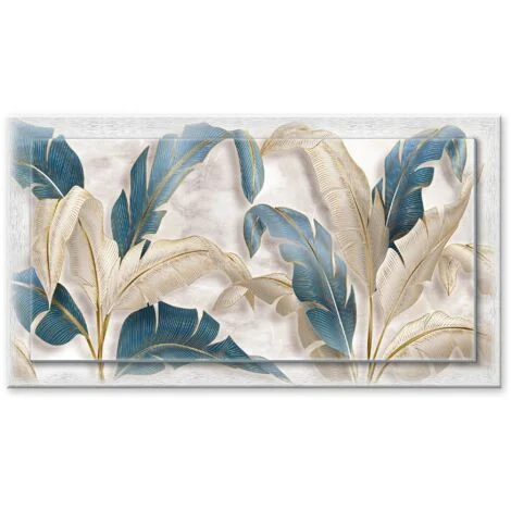 Lupia - Quadro moderno su Tela con Cornice stampata, NEWEXT 75x135 cm LEAVES WHITE BLUE BEIGE, stampa tela in cotone e cornice legno mdf, soggiorno, camera da letto, cucina, ufficio