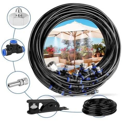 Patio Mister, sistema di nebulizzazione da 20 m con 20 ugelli, nebulizzatore di raffreddamento da giardino con tubo flessibile resistente e ugelli rimovibili per giardino, patio, trampolino, serra