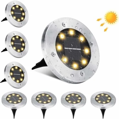 CHOYCLIT Luci solari da esterno, 8 faretti solari a LED, impermeabili, IP65, in acciaio inox, per vialetti, cortili, prati, gradini, scale, bianco caldo, 8 pezzi [Classe A]